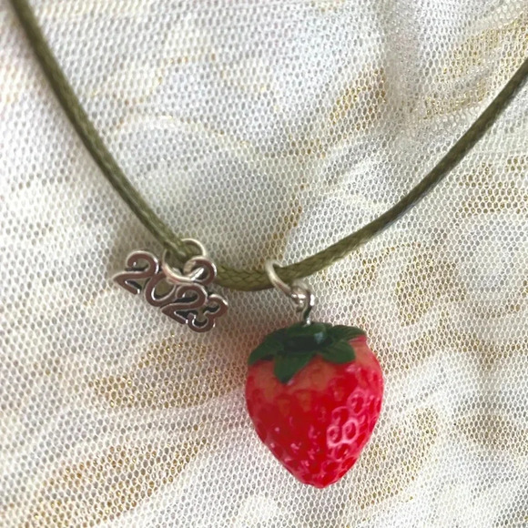 Women's/Girls Cute Strawberry Fruit Resin 2023 Charm Pendant with Cord Necklace - Picture 3 of 6